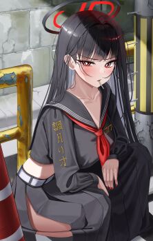 1girl absurdres alternate_costume black_hair black_halo black_serafuku black_shirt black_skirt blue_archive blush breasts bright_pupils chipped_paint collarbone commentary cosplay crack cracked_wall day halo highres hsxxx justice_task_force_member_(blue_archive) justice_task_force_member_(blue_archive)_(cosplay) large_breasts long_hair looking_at_viewer multicolored_halo neckerchief outdoors red_eyes red_halo red_neckerchief rio_(blue_archive) school_uniform serafuku shirt skirt solo squatting two-tone_halo very_long_hair