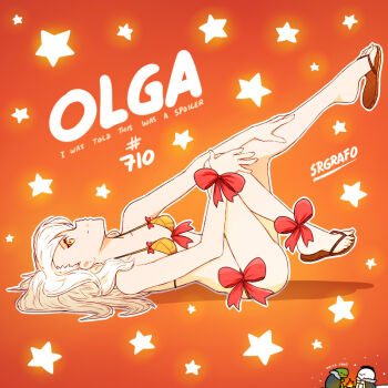 1girl alternate_costume artist_self-insert bikini bow breasts character_name closed_mouth commentary english_commentary english_text fate/grand_order fate_(series) leg_up legs_up long_hair looking_at_viewer lying olga_marie_animusphere on_back orange_background orange_bikini profile sandals simple_background small_breasts smile srgrafo star_(symbol) swimsuit toes white_hair