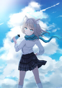 1girl :o absurdres animal_ear_fluff animal_ears backlighting black_skirt blue_archive blue_eyes blue_halo blue_scarf blue_sky blush bright_pupils cloud commentary_request cumulonimbus_cloud feet_out_of_frame floating_hair floating_scarf from_behind grey_hair hair_between_eyes halo hand_up highres ice_night328 kneehighs long_sleeves looking_at_viewer looking_back medium_hair miniskirt mismatched_pupils open_mouth plaid_clothes plaid_skirt pleated_skirt scarf shiroko_(blue_archive) shirt skirt sky sleeves_rolled_up slit_pupils socks solo standing sweatdrop white_pupils white_shirt white_socks wind wolf_ears wolf_girl