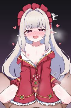 1boy 1girl absurdres blush commission fang flat_chest frills heart hetero highres loli long_hair nipples open_mouth original pixiv_commission pointy_ears pov skin_fang straddling zing_(z_z_zing)