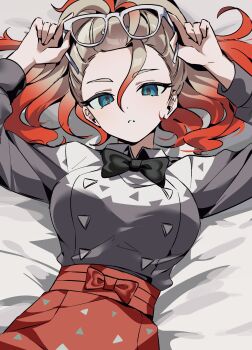 1girl absurdres apron black_bow black_bowtie blue_eyes bow bowtie breasts commentary ebi_(shrimp_eleven) eyewear_on_head glasses gradient_hair griselle_(pokemon) highres korean_commentary large_breasts looking_at_viewer lying multicolored_hair nintendo on_back orange_apron orange_hair parted_lips pokemon pokemon_legends:_z-a ponytail print_apron red_apron red_hair shirt split_ponytail two-tone_hair waist_apron white-framed_eyewear white_hair white_shirt