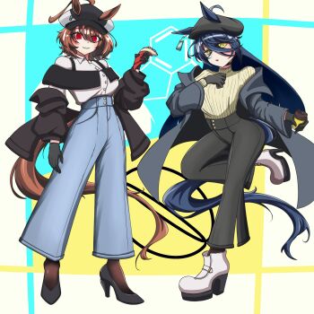 2girls agnes_tachyon_(umamusume) animal_ears black_cape black_choker black_gloves black_hair black_jacket black_shoes black_socks blue_pants breasts brown_hair cape choker coat commentary_request cup disposable_cup ear_ornament ear_tag earrings ears_through_headwear gloves grey_coat hair_between_eyes hand_up high_heels highres holding holding_cup horse_ears horse_girl horse_tail jacket jewelry koba_shi long_hair long_hair_between_eyes long_sleeves looking_at_viewer manhattan_cafe_(umamusume) medium_breasts multiple_girls off_shoulder open_clothes open_coat pants parted_lips platform_heels red_eyes shirt shoes short_hair single_earring socks sweater sweater_tucked_in tail turtleneck turtleneck_sweater umamusume variant_set very_long_hair white_shirt white_shoes yellow_eyes yellow_sweater