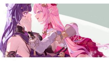 2girls absurdres breasts closed_mouth elysia_(herrscher_of_human:_ego)_(honkai_impact) elysia_(honkai_impact) elysia_(peachy_spring)_(honkai_impact) hand_on_another's_cheek hand_on_another's_face highres honkai_(series) honkai_impact_3rd letterboxed long_hair medium_breasts multiple_girls official_alternate_costume parted_lips pink_hair pointy_ears purple_hair raiden_mei raiden_mei_(herrscher_of_thunder) raiden_mei_(rainy_springtide) roena sideboob teeth upper_teeth_only