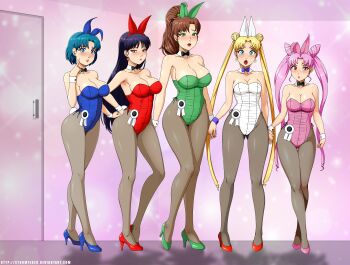 5girls :o absurdres aged_up angry animal_ears armpits award_ribbon bare_shoulders bishoujo_senshi_sailor_moon black_bow black_bowtie black_hair blonde_hair blue_eyes blue_footwear blue_hair blue_leotard blush bow bowtie breasts brown_hair chibi_usa cleavage commentary commentary_typo commission commissioner_upload cone_hair_bun crescent crescent_earrings detached_collar deviantart_username double_bun earrings english_commentary fake_animal_ears flower_earrings gluteal_fold green_eyes green_footwear green_leotard hair_bobbles hair_bun hair_ornament hairband high_heels highres hino_rei holding_hands jewelry kino_makoto large_breasts leotard lips long_hair looking_at_viewer makeup medium_breasts medium_hair mizuno_ami multiple_girls orange_leotard orange_shoes pale_skin pantyhose parted_bangs pink_hair pink_leotard pink_shoes playboy_bunny ponytail purple_bow purple_bowtie purple_eyes rabbit_ears red_bow red_eyes red_footwear red_leotard shoes short_hair sidelocks standing star_(symbol) star_earrings stormfeder strapless strapless_leotard stud_earrings swept_bangs thighs tsukino_usagi twintails very_long_hair watermark web_address white_leotard wrist_cuffs
