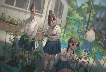 4girls black_footwear blue_skirt bottle braid building clipboard collared_shirt female_focus flower garden gardening holding holding_bottle low_twin_braids multiple_girls original plant pleated_skirt potted_plant school_uniform shirt shoes skirt socks squatting standing tensen_(dotted_line) twin_braids vines water_bottle what white_shirt writing