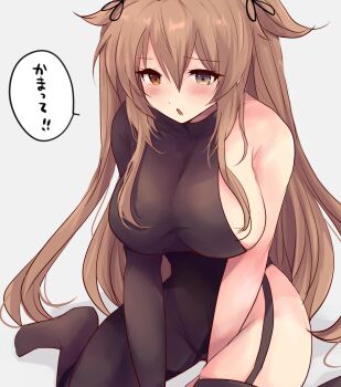 1girl black_bodysuit bodysuit breasts brown_eyes brown_hair commentary_request flower hair_flower hair_ornament heterochromia highres hirune_(konekonelkk) kantai_collection large_breasts long_hair murasame_(kancolle) murasame_kai_ni_(kancolle) partial_bodysuit red_eyes single_garter_straps sitting solo translation_request two_side_up wariza
