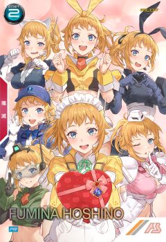 1girl absurdres alternate_costume animal_ears arm_behind_back blonde_hair blue_eyes box breasts cat_ears clenched_hands gloves grin gundam gundam_build_fighters hand_on_own_hip heart heart-shaped_box heart_hands highres hoshino_fumina large_breasts licking_lips looking_at_viewer medium_hair midriff military_uniform multiple_views navel necktie open_mouth outstretched_arms ponytail salute smile solo teeth tongue tongue_out two-finger_salute valentine waitress waving