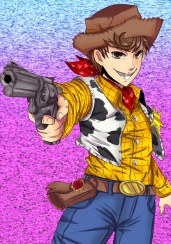 1boy animal_print animification brown_hair commentary_request cow_print cowboy cowboy_hat hat holding long_sleeves male_focus personification sheriff_woody shirt short_hair smile toy_story toy_story_1 western yukimi1019