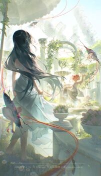 4girls absurdres akemi_homura arch artist_name barefoot black_hair bug bush butterfly closed_eyes collar column commentary_request day dress facing_away floating_hair flower fountain from_behind garden glitch grass hair_ribbon highres holding_own_dress insect jiuye_mubiao_shi_mai_kao_hongshu kaname_madoka kaname_madoka_(magical_girl) leg_up long_hair magical_girl mahou_shoujo_madoka_magica mahou_shoujo_madoka_magica_(anime) mixed-language_text multiple_girls multiple_persona outdoors pillar pink_hair plant red_ribbon ribbon shoes short_hair short_twintails sleeveless sleeveless_dress smile twintails vines water waving white_collar white_dress white_shoes wristband