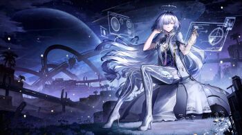 1girl absurdres angelo_(angeloart26) colored_eyelashes commentary dress full_body hair_over_one_eye halo hand_up high_heels highres holographic_interface id_card jacket long_hair looking_at_viewer mornye_(wuthering_waves) outdoors parted_lips purple_dress purple_sky red_eyes see-through_body sitting sky solo star_(sky) starry_sky tacet_mark_(wuthering_waves) thighs very_long_hair white_jacket wuthering_waves