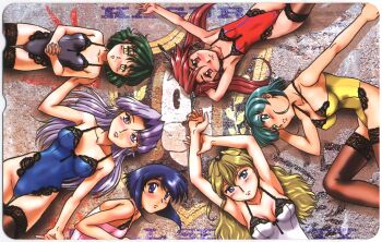 1990s_(style) 6+girls aqua_hair arms_up black_leotard blonde_hair blue_eyes blue_hair blue_leotard blush breasts card_(medium) earrings eiko_rando geobreeders green_eyes green_hair himehagi_yuu hoop_earrings interlocked_fingers jewelry kikushima_yuka lace lace-trimmed_legwear lace-trimmed_leotard lace-trimmed_thighhighs lace_trim leotard lingerie long_hair looking_at_viewer lying maki_umezaki maya_(geobreeders) multiple_girls non-web_source official_art on_back on_side own_hands_together parted_lips pink_leotard purple_eyes purple_hair red_eyes red_hair red_leotard retro_artstyle sakuragi_takami short_hair spaghetti_strap thighhighs underwear white_leotard yellow_eyes yellow_leotard
