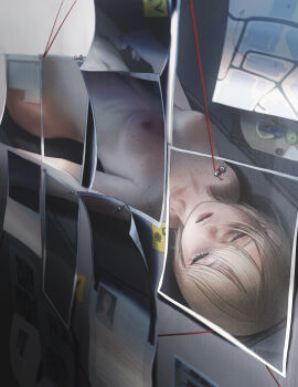 1girl absurdres blonde_hair breasts commentary completely_nude freckles highres mikasamu nipples nude original parted_lips pin ribs short_hair solo string