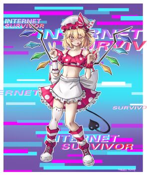 Rule 34 | 1girl, :p, adapted costume, bare shoulders, blonde hair, blue background, crystal, english text, fang, flandre scarlet, frilled sleeves, frills, hakurei fling, hat, highres, internet survivor, laevatein (touhou), medium hair, midriff, mob cap, navel, one eye closed, one side up, puffy short sleeves, puffy sleeves, purple background, red eyes, red shoes, shoes, short sleeves, single thighhigh, sneakers, socks, solo, striped clothes, striped socks, thighhighs, tongue, tongue out, touhou, v, white hat