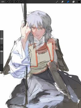 1girl aizheajsee ghost_in_the_shell ghost_in_the_shell:_stand_alone_complex highres kusanagi_motoko looking_at_viewer medium_hair on_ground procreate_(medium) purple_hair red_eyes sitting solo user_interface white_background