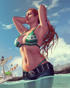 Rule 34 | 1girl, 2026, adjusting hair, belt, belt buckle, bikini, bikini under clothes, breasts, buckle, cloud, cloudy sky, commentary, denim, english commentary, highres, jeans, jolly roger, krystopher decker, large breasts, looking ahead, nami (one piece), nami (one piece) (return to sabaody), navel, official alternate costume, one piece, orange hair, paid reward available, pants, panty straps, partially submerged, partially underwater shot, pirate ship, shoulder tattoo, sky, solo, stomach, swimsuit, tattoo, thousand sunny, toned, toned female, water, wet, wet hair