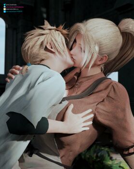 1boy 1girl 3d age_difference apron blender_(medium) blonde_hair breasts claudia_strife cloud_strife final_fantasy final_fantasy_vii final_fantasy_vii_remake french_kiss grabbing_another&#039;s_breast groping height_difference hetero hidden_eyes hidden_face highres incest kiss kudarizaka large_breasts mature_female mother_and_child mother_and_son older_female_and_younger_male ponytail short_hair
