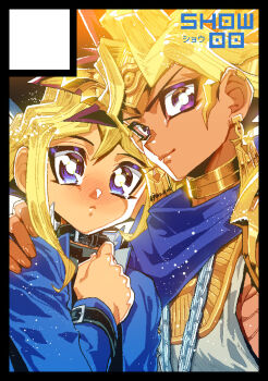 Rule 34 | 2boys, ancient egyptian clothes, ankh earrings, belt collar, black border, black shirt, blonde streaks, blue eyes, blue jacket, blue shawl, blush, border, chain, chain necklace, circle cut, circle logo, closed mouth, collar, comiket 91, commentary request, dual persona, ear piercing, earrings, embarrassed, eye of horus, gold choker, gold headband, gold piercing, hand on another's shoulder, hand on own chest, hari (quartzshow), height difference, jacket, jaggy lines, jewelry, light particles, logo, long single sidelock, looking at viewer, male focus, multicolored hair, multiple boys, muto yugi, necklace, nose blush, piercing, purple eyes, ribs, selfcest, shawl, shirt, short hair, smile, tan, tunic, two-sided fabric, two-sided jacket, two-tone hair, upper body, usekh collar, v-shaped eyebrows, white background, white tunic, yami yugi, yaoi, yu-gi-oh!