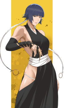 1girl alternate_breast_size_(larger) bare_shoulders bleach blue_hair border breasts clothing_cutout collarbone elbow_gloves female_focus gloves grey_eyes highres hip_vent large_breasts medium_hair ponponpon0022 shihakusho shikai simple_background solo solo_focus standing sui-feng suzumebachi_(shikai) white_border