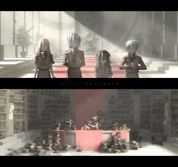 Rule 34 | 1boy, 3girls, book, book stack, brown hair, copyright name, empty eyes, fantasy, glasses, highres, multiple girls, necktie, pink hair, pixiv fantasia, pixiv fantasia 1, plant, runes, shelf, silver hair, tsukuba masahiro, viola (pixiv fantasia)