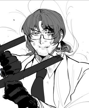 1boy absurdres antenna_hair antennae beard_stubble black_gloves bleeding blood blood_from_forehead blood_on_face bruise cigarette collared_shirt cuts dirty dirty_clothes dirty_face dress_shirt dust facial_hair fighting_stance formal_clothes glasses gloves gregor_(project_moon) greyscale grin hair_between_eyes hair_intakes half-closed_eyes hands_up hatching_(texture) highres holding holding_weapon injury jacket limbus_company long_hair long_sleeves looking_at_viewer looking_to_the_side low_ponytail male_focus monochrome mouth_hold necktie parted_bangs parted_lips ponytail project_moon sanpaku scratches semi-rimless_eyewear shirt sidelocks simple_background sketch smile smirk smoke smoking smug solo stubble suit sword under-rim_eyewear upper_body v-shaped_eyebrows vest weapon white_background wing_collar