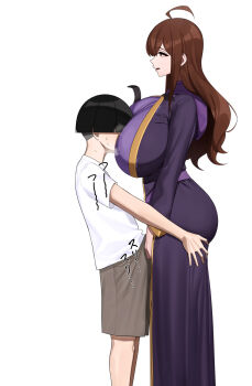 1boy 1girl age_difference ahoge black_hair bowl_cut breast_smother breasts brown_hair bulge dry_humping face_to_breasts grey_shorts hetero highres huge_breasts humping kono_subarashii_sekai_ni_shukufuku_wo! long_hair onee-shota purple_robe robe senju_(snz0) shirt shorts shota simple_background time_stop white_background white_shirt wiz_(konosuba)
