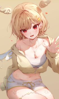 1girl absurdres ahoge angel breasts cleavage commentary_request cropped_shirt cropped_sweater detached_wings earrings fake_wings fang hair_between_eyes heart highres ivl0107 jewelry long_sleeves looking_at_viewer medium_breasts medium_hair necklace open_hand open_mouth original piercing red_eyes shirt shorts simple_background skin_fang solo star_(symbol) star_earrings sweater thigh_strap white_shirt white_shorts white_wings wings yellow_background yellow_sweater yellow_theme yellow_wings