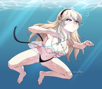 1girl bare_arms bare_legs bare_shoulders barefoot bikini black_hairband breasts cleavage collarbone commentary commission english_commentary female_corrin_(cipher_shell_bikini)_(fire_emblem) female_corrin_(fire_emblem) fire_emblem fire_emblem_cipher fire_emblem_fates freediving gluteal_fold hairband large_breasts maii_artss nail_polish navel nevermind nintendo nirvana_(band) official_alternate_costume pointy_ears red_eyes shell shell_bikini sideboob silver_nails solo stomach swimming swimsuit underwater
