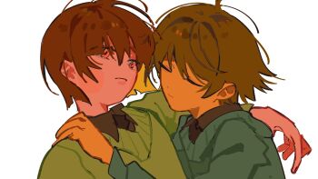 2others ahoge arm_on_another&#039;s_shoulder artistlove_knm black_shirt blonde_hair blue_sweater brown_hair chara_(undertale) closed_eyes closed_mouth collared_shirt colored_inner_hair colored_skin frisk_(undertale) green_sweater hair_between_eyes hand_on_another&#039;s_shoulder hand_up looking_at_another multicolored_hair multiple_others orange_skin other_focus pink_skin red_eyes shirt short_hair simple_background smile sweater undertale upper_body utdr_(toby_fox) white_background