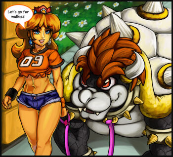 1boy 1girl abs blonde_hair blue_eyes bowser breasts crop_top crown cutoffs denim denim_shorts earrings elazuls-core femdom jewelry king leash long_hair mario_(series) midriff muscular nintendo open_mouth princess_daisy red_eyes short_shorts shorts smile super_mario_bros._1 super_mario_land