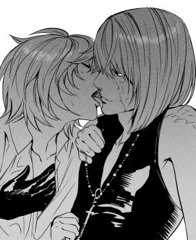 2boys closed_eyes collared_shirt cross cross_necklace death_note greyscale highres jewelry licking licking_another's_face looking_at_another male_focus mello_(death_note) monochrome multiple_boys near_(death_note) necklace scar scar_on_face scar_on_shoulder shirt short_hair simple_background tinh_daubuoi white_background yaoi