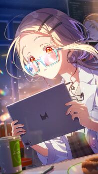 2girls blonde_hair blue_eyes buttons drink drinking_straw earbuds earphones earrings forehead gakuen_idolmaster game_cg glasses hair_ornament hairclip holding idolmaster jewelry multiple_girls official_art orange_eyes paper pen plate shinosawa_hiro table tablet_pc window