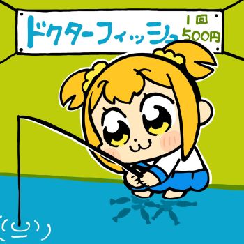 1girl :3 bkub blue_sailor_collar blue_skirt blush_stickers chibi chibi_only closed_mouth dot_nose fish fishing fishing_rod hair_ornament hair_scrunchie highres holding holding_fishing_rod long_sleeves official_art orange_hair outline poptepipic popuko sailor_collar school_uniform scrunchie serafuku shirt short_hair sidelocks skirt solo translation_request two_side_up water white_outline white_shirt yellow_eyes yellow_scrunchie