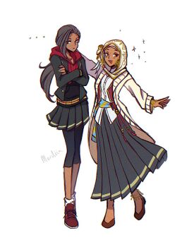 ... 2girls anklet asymmetrical_bangs black_eyes black_hair black_hoodie black_jacket black_leggings black_skirt blazer blush bracelet brown_shoes cardigan commentary crossed_arms dark-skinned_female dark_skin diawaterfalls earrings english_commentary expressionless film_grain full_body genderswap genderswap_(mtf) gold_anklet gold_bracelet gold_earrings gold_trim heavy_film_grain highres hijab hood hood_down hoodie jacket jacket_over_hoodie jamil_viper jewelry jpeg_artifacts kalim_al-asim leggings legs_apart legs_together long_bangs long_skirt looking_to_the_side low_block_heels multiple_anklets multiple_girls negative_space night_raven_college_school_uniform open_cardigan open_clothes open_mouth open_vest outstretched_arms pleated_skirt raised_eyebrows red_eyes red_hoodie red_lips red_shoes red_vest sash school_uniform shirt shoes side-by-side signature skirt sneakers socks sparkle standing striped_sash twisted_wonderland two-tone_hoodie vest waist_sash waistcoat white_background white_shirt white_socks yellow_cardigan yellow_hijab