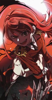 1girl black_boots black_gloves black_necktie boots dark_persona epaulettes evil_smile floating_hair gloves hashtag-only_commentary highres holding holding_weapon idol_heroes_(idolmaster) idolmaster idolmaster_million_live! idolmaster_million_live!_theater_days jacket knee_boots lapels long_hair long_sleeves looking_at_viewer necktie notched_lapels official_alternate_costume onemancastalone open_mouth red_eyes red_hair red_jacket skirt smile solo standing tanaka_kotoha tanaka_kotoha_(thanatos_empress) weapon white_skirt