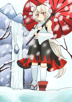 Rule 34 | 1girl, absurdres, animal ear fluff, animal ears, bare tree, black skirt, black trim, blush, closed mouth, commentary request, detached sleeves, double-parted bangs, floating clothes, frown, geta, hat, highres, holding, holding umbrella, inubashiri momiji, long sleeves, looking at viewer, midriff peek, mountain, namonakisamurai, partial commentary, pom pom (clothes), red eyes, red hat, red shoes, red skirt, red umbrella, shirt, shoes, short hair, skirt, sky, snow, snowing, socks, solo, tail, tengu-geta, tokin hat, touhou, tree, two-tone skirt, umbrella, v-shaped eyebrows, white hair, white shirt, white sky, white socks, wide sleeves, wolf ears, wolf girl, wolf tail