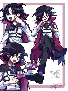 1boy :d absurdres black_pants black_shoes cape cup danganronpa_(series) danganronpa_v3:_killing_harmony fangs fanta hair_between_eyes highres holding holding_cup jacket kujira_pyon_ka long_sleeves male_focus multicolored_hair multiple_views oma_kokichi open_mouth pants pink_cape shirt shoes smile teeth tongue tongue_out torn_cape torn_clothes two-tone_hair upper_teeth_only white_shirt