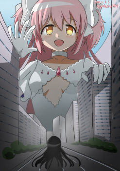 2girls akemi_homura black_hair bow building choker commentary_request dress giant giantess gloves hair_bow hair_ribbon highres kaname_madoka long_hair mahou_shoujo_madoka_magica multiple_girls pink_hair ribbon smile two_side_up ultimate_madoka very_long_hair white_dress white_gloves wings yellow_eyes