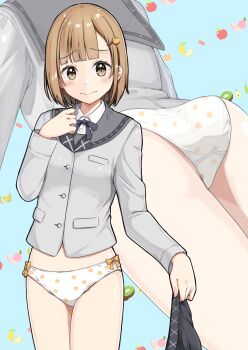 Rule 34 | 1girl, absurdres, ass, blue background, blunt ends, blush, bow, bow panties, breasts, brown eyes, brown hair, buttons, closed mouth, collared shirt, commentary request, commission, cowboy shot, crotch seam, dress shirt, embarrassed, food-themed hair ornament, food print, fruit background, fruit print, grey jacket, grey ribbon, grey sailor collar, grey skirt, hair ornament, hand up, highres, holding, holding unworn clothes, holding unworn skirt, jacket, large variant set, long sleeves, looking at viewer, medium hair, multiple views, neck ribbon, negimiso1989, no pants, orange (fruit) panties, orange bow, orange hair ornament, orange print, original, panties, pixiv commission, pleated skirt, print panties, raised inner eyebrows, ribbon, sailor collar, school uniform, serafuku, shirt, skirt, small breasts, standing, underwear, unworn skirt, variant set, white panties, white shirt, zoom layer