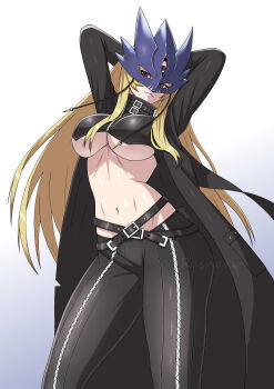 1girl absurdres arms_up beelstarmon belt black_belt black_coat black_pants black_vest blonde_hair blue_mask breasts closed_mouth coat commentary cowboy_shot cropped_vest dated digimon digimon_(creature) eye_mask groin highres large_breasts leather leather_pants lipstick long_hair long_sleeves looking_at_viewer makeup mask navel open_clothes open_coat pants purple_lips rasharin red_eyes sidelocks signature simple_background solo standing stomach third_eye tight_clothes tight_pants underboob vest watermark white_background zipper