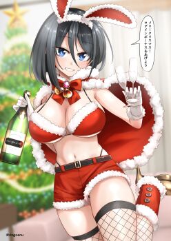 Rule 34 | 1girl, animal ear hairband, animal ears, bell, belt, belt buckle, black belt, black hair, blue eyes, blurry, blurry background, bottle, bow, bowtie, bra, breasts, brooch, buckle, cape, champagne bottle, champagne flute, christmas, christmas tree, commentary request, cowboy shot, cup, depth of field, double-parted bangs, drinking glass, fake animal ears, fishnet thighhighs, fishnets, foot out of frame, fur-trimmed bra, fur-trimmed cape, fur-trimmed gloves, fur-trimmed shorts, fur trim, gloves, grin, hair between eyes, hairband, high heels, highres, holding, holding bottle, holding cup, indoors, jewelry, karen-chan (ringoanu), large breasts, leg up, long bangs, medium hair, navel, neck bell, no shirt, panty straps, rabbit ear hairband, rabbit ears, red bow, red bowtie, red bra, red cape, red shorts, rikai no aru karen-chan, ringoanu, santa costume, short shorts, shorts, smile, solo, speech bubble, standing, stomach, string bra, thighhighs, translation request, twitter username, underwear, white gloves, white hairband