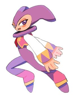 1other arms_behind_back bodysuit chest_jewel full_body gan2 gem half-closed_eyes hat highres jester_cap long_sleeves nights_(character) nights_into_dreams other_focus purple_bodysuit purple_eyes purple_hat red_gem simple_background solo white_background