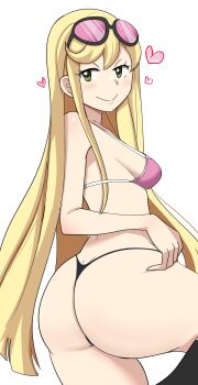 1girl ass bare_shoulders blonde_hair breasts closed_mouth digimon digimon_story:_cyber_sleuth female_focus green_eyes highres kuremi_kyouko pabsmikan simple_background small_breasts smile sunglasses_on_head white_background