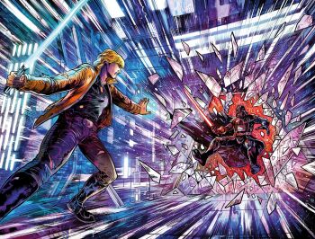 2boys armor black_boots black_cape black_shirt blue_lightsaber boots brown_hair brown_jacket cape darth_vader denim dynamic_pose energy_sword fighting galactic_empire_(star_wars) gloves helmet holding holding_sword holding_weapon jacket jeans jedi lightsaber luke_skywalker multiple_boys official_art pants red_lightsaber science_fiction shirt short_hair sith spacecraft spacecraft_interior star_wars sword telekinesis through_window vinartwork weapon western_comics_(style)