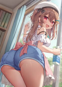1girl :d ass beret black_bra bookshelf bottle bra bra_strap brown_hair cleaning commentary_request day ezoshika hair_between_eyes hair_ornament hairclip hat hat_ribbon holding holding_bottle holding_rag indoors long_hair looking_at_viewer open_mouth original red_eyes ribbon shirt sidelocks smile solo strap_slip thighs trefoil underwear white_hat white_shirt window