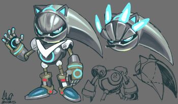 1boy 2025 animal_ears animal_nose blue_boots blue_eyes boots caliginousarts commentary english_commentary full_body furry furry_male glowing grey_armor hand_up hedgehog_boy highres humanoid_robot male_focus mechanization reference_sheet robot silver_the_hedgehog sonic_(series)