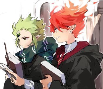 2boys alternate_skin_color bad_id bad_twitter_id black_robe book commentary cookie_run earrings fiery_hair fire_spirit_cookie forehead_jewel from_side green_eyes green_hair green_scarf harry_potter_(series) hogwarts_school_uniform holding holding_book holding_wand humanization inactive_account jewelry k3vccitq male_focus multiple_boys painttool_sai_(medium) pointy_ears profile red_scarf robe scarf school_uniform short_hair symbol-only_commentary upper_body wand wind_archer_cookie wizarding_world