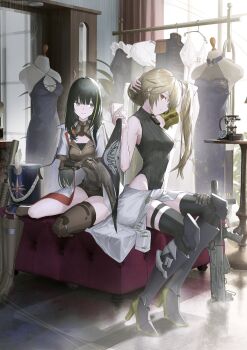 2girls adjusting_hair armband assault_rifle black_dress black_hair black_thighhighs blonde_hair boots breasts brown_eyes bullpup china_dress chinese_clothes closed_mouth clothes_around_waist clothes_hanger coat commentary_request cosplay costume_switch dress full_body girls'_frontline girls'_frontline_2:_exilium green_armband green_hair grin groza_(girls'_frontline_2) gun highres indoors jacket jacket_around_waist leotard long_hair looking_at_viewer m4_carbine m4a1_(girls'_frontline) m4a1_(girls'_frontline)_(cosplay) mannequin multicolored_hair multiple_girls open_clothes open_coat ots-14_(girls'_frontline) ots-14_(girls'_frontline)_(cosplay) ots-14_groza phone ribbed_leotard rifle second-party_source sitting smile table thighhighs two-tone_hair weapon white_coat yakupan