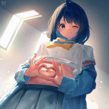 1girl ;) absurdres belly_grab blue_bow blue_bowtie blue_eyes blue_hair bow bowtie clothes_lift collared_shirt commentary_request four-finger_heart_hands grey_skirt heart heart_hands highres indoors looking_at_viewer make_heroine_ga_oo_sugiru! medium_hair navel one_eye_closed pleated_skirt plump sailor_collar school_uniform shirt shirt_lift skirt sklt_(swyt8223) smile solo tsuwabuki_high_school_uniform white_shirt yanami_anna yellow_bow yellow_bowtie