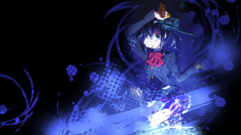 1girl aqua_eyes arm_up artist_request black_background blue_eyes blue_hair bow bullet shell_casing casing_ejection chuunibyou_demo_koi_ga_shitai! ears eyepatch frilled_skirt frills gun hand_up handgun highres holding holding_gun holding_weapon kneeling long_sleeves looking_at_viewer mauser_c96 medical_eyepatch official_art pistol red_bow red_skirt school_uniform shell_casing shoes skirt source_request squatting takanashi_rikka third-party_edit third-party_source weapon