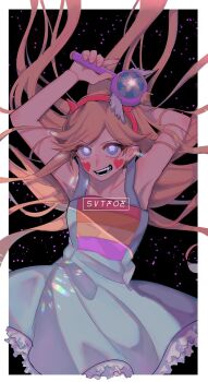 Rule 34 | 1girl, arms up, black background, blue dress, blue eyes, border, brown hair, collarbone, commentary, copyright name, dress, facial mark, fake horns, floating hair, hairband, heart, heart facial mark, highres, holding, holding wand, horn hairband, horns, long hair, looking at viewer, neg 50asu, open mouth, solo, star-shaped pupils, star (symbol), star butterfly, star vs the forces of evil, symbol-shaped pupils, untranslatable commentary, very long hair, wand, white border